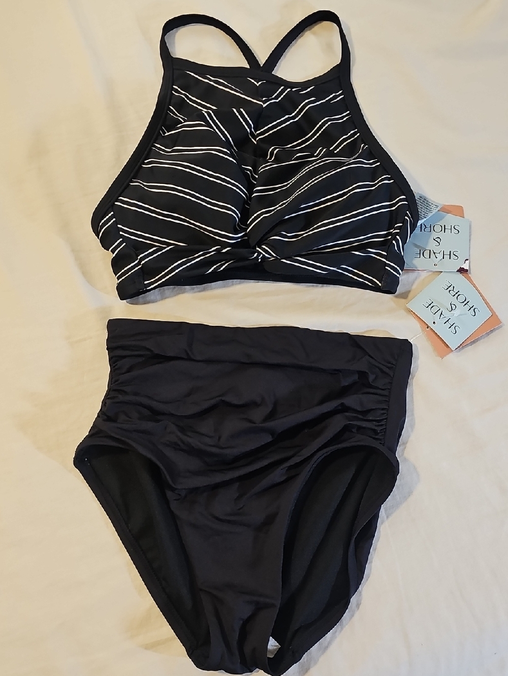 Shade & Shore Black and White Striped High-Neck High-Waist Bikini Set